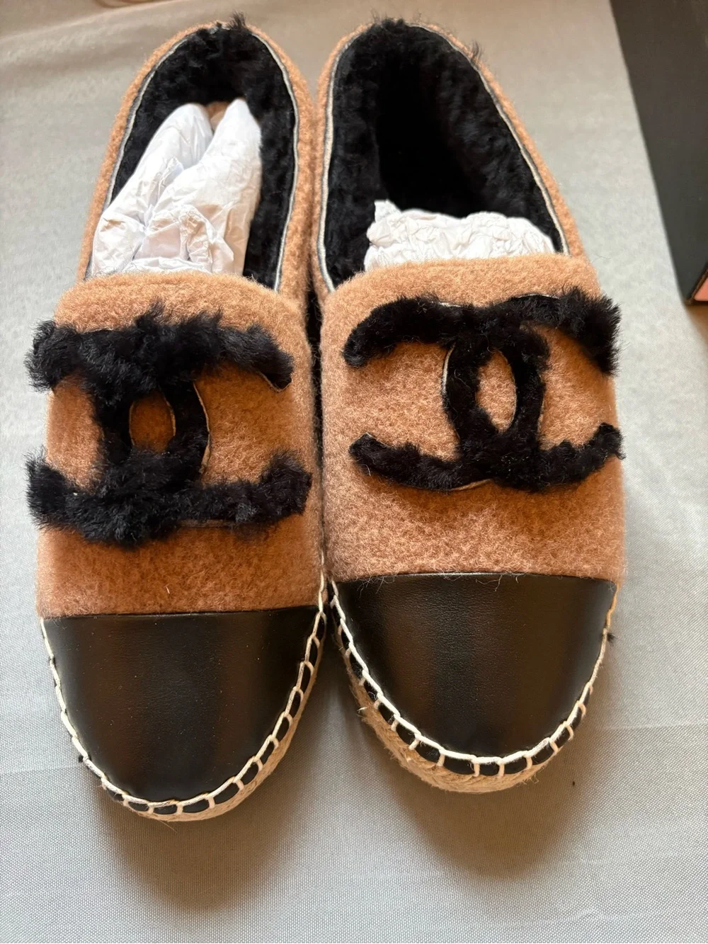 CHANEL NIB Brown Wool Slip-On Espadrille with Black Logo and Leather Toe